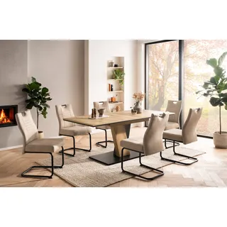 OTTO home Essgruppe OTTO HOME "Altona", Esstisch ausziehbar plus 6 Stühle, TOPSELLER", eiche, beige, beige, schwarz, Microfaser, Synchron-Auszug, Sitzmöbel-Sets, Essgruppe, Säulentisch 140-180x90 cm, Stuhl mit Federkorb, 140 kg belastbar