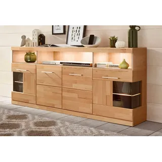 Home Affaire Sideboard »Ribe,180cm breit,Oberplatte aus Massivholz, 9 Fächer«, Holz massiv, Holzwerkstoff, Metall Griffe,2Türen mit Glaseinsatz, beige
