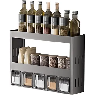 TECKZOON 3-lagiges Wandregal für die Küche, freistehend und wandmontiert, ohne Bohren, Edelstahl Gewürzregal mit 5 Gewürzdosen, Mehr Stauraum, Wandregal für Gewürze (3 Schichten)