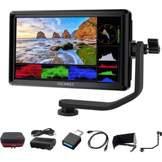 FEELWORLD FW568 V3 6-Zoll 4K Kamera-Feldmonitor,Full HD 1920x1080 3D lUT DSLR Kamera Monitor mit 2800mAh Akku Tragetasche Sunshine Hood HDMI Eingang Ausgang Tilt Arm Power Ausgang für Stabilisator