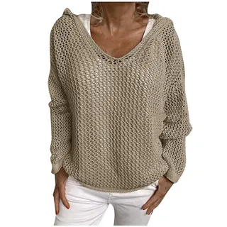 JiJiRuDU 2022 Frühling Damen Pullover, Woll Strickpullover mit Sonnenschutz Kapuze dünner locker sitzender Pullover, modischer durchbrochener Netzpullover - M