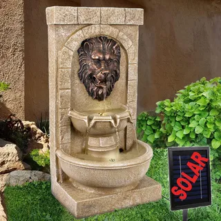 Solar Gartenbrunnen LÖWENHERZ Solarbrunnen Wandbrunnen Gartendekoration | mit Li-Ion Akku und LED-Lichter