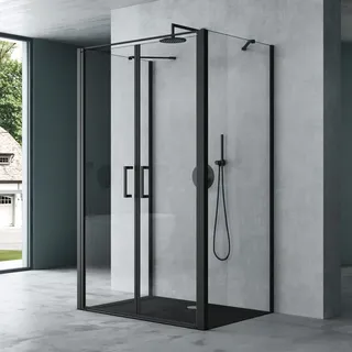 mai & mai Duschkabine U-Form Duschabtrennung 75x90 Duschkabine Aluminiumrahmen ESG-Sicherheitsglas Klarglas Doppeltüre Schwarz Ravenna66UK