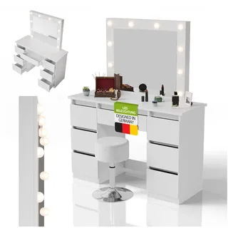 Juskys Schminktisch Talea und Hocker Tonia mit LED-Spiegel, 3 Farbtemperaturen, stufenlose Helligkeit, viel Stauraum – Weiß