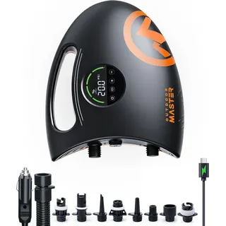 Outdoor Master Akku-Luftpumpe Shark 2s Elektrische SUP Pumpe mit Akku 20 PSI 8 Düsen für 6 Boards schwarz