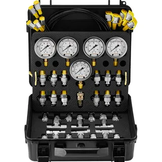 Vevor Hydraulikdruck-Testkit, 10/100/250/400/600 bar, 5 Messgeräte, 13 Kupplungen, 14 T-Anschlüsse, 5 Testschläuche, Bagger-Hydraulik-Testmanometer-Set mit Tragetasche für Bagger-Traktoren-Maschinen