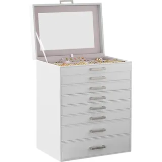 Ochama Große 8-stufige Schmuckkasten-Organizer mit separatem Uhrenfach, stapelbare Schubladen mit transparenter Glasabdeckung zur Präsentation, kompakter vertikaler Fußabdruck 30,2x21,4x39cm, ideal für Ringe, Ketten, Ohrringe, Armbänder, Uhren, Frisiertisch, Schminktisch, Kleiderschrank, Weiß
