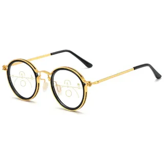 VEVESMUNDO Multifokus Lesebrillen Blaulichtfilter Progressive Herren Damen Metall Retro Runde Sehhilfe Gleitsichtbrille mit sehstärke (1 Stück Gold&Schwarz Multifokus Lesebrille, 2.5)