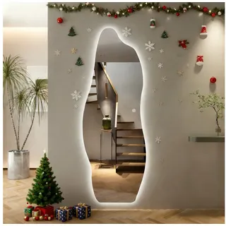 WDWRITTI Ganzkörperspiegel Rahmenlos LED Ganzkörperspiegel Wandspiegel groß Asymmetrisch (Flurspiegel Modern mit 3Lichtfarben, Dimmbar, Speicherfunktion, 165x60cm), für Wohnzimmer Schlafzimmer Garderobe Flur Friseurladen bunt