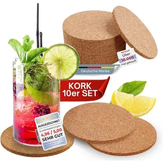 WORTEK Untersetzer Gläser Korkuntersetzer rund - 10er Set Kork Untersetzer 10cm Korkplatte - Tischuntersetzer Tassenuntersetzer Glasuntersetzer Kork für Raclette, Tee, Kaffee, Cocktail Bar Zubehör