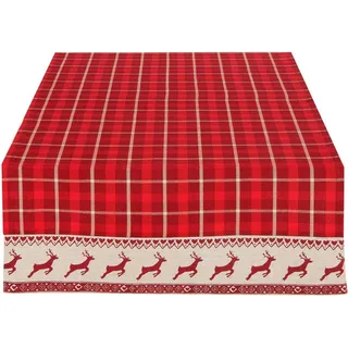 Clayre & Eef Tischdecke Tischläufer Weihnachten, Rot Kariert mit Rentieren, 50x140 cm, Glattes Gewebe, Hirschdesign, landhausstil beige|rot