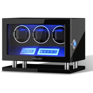 XTELARY Uhrenbeweger, Fingerabdrucksperre Automatischer Uhrenbeweger für 3/4/6/8//9/12 mit LCD-Touchscreen, Fernbedienung, Blauer LED, Leisem Motor und Verstellbaren Uhrenkissen für Herren und Damen