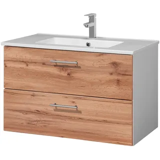 WELLTIME Waschtisch WELLTIME "Trento Badezimmerschrank mit Becken Bestseller", weiß (weiß, wotaneiche, weiß), B:80cm H:51,5cm T:47,5cm, Waschtische, Waschtisch, Badmöbel in Breite 80 cm , Waschplatz mit 2 Schubladen, Badschrank