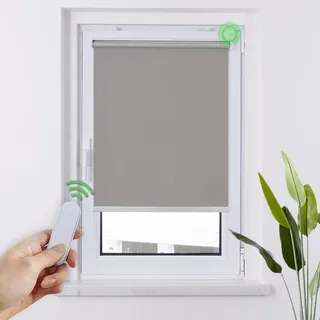 HOMEDEMO M100 Elektrische Rollos Verdunkelungsrollo mit Motor & Fernbedienung, Grau 60x130cm(BxH), Smart Rollo ohne Bohren klemmfix & mit Bohren, Sonnenschutz Sichtschutz Rollo für Fenster