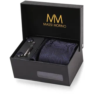 Massi Morino Krawatte mit Einstecktuch Set Herren inkl. Manschettenknöpfe, Krawattennadel und Geschenkbox - Männer Krawattenset zur Hochzeit - Einheitsgröße