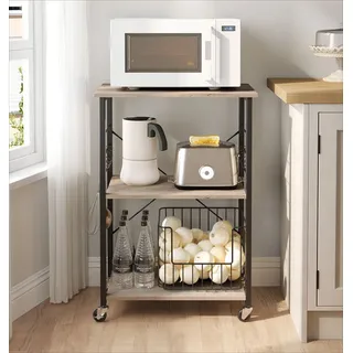 VASAGLE Küchenregal 3 Ebenen, auf Rollen mit 6 Haken, Greige-schwarz