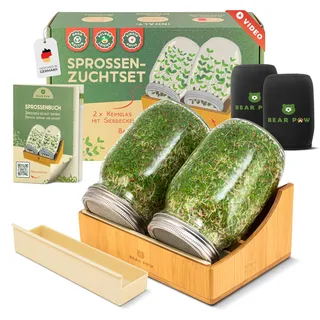 BEAR PAW® Sprossenglas 2er Set - 1000ml Keimglas für Sprossen Keimlinge - (inkl. Bambushalterung, Abdunklungshüllen, Gratis Videokurs, Sprossenbuch) - Sprossenglas Keimglas Set - Sprossen Keimgerät