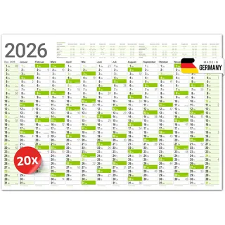 PRIMUS PRINT XXL Kalender 2026 – Plakatkalender 2026 – Wandkalender in Postergröße A1 (594x841 mm), Jahresplaner für 2026, Wandplaner in Blau oder Grün – Gerollt [ 20er Set-Grün ]
