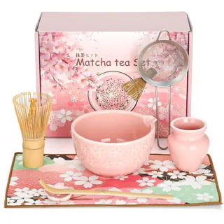 VINATO 7 Stück Matcha Set, Matcha Schale mit Ausgießer, Matchabesen Set mit Auslauf, Besen Halter, Sieb, Löffel und Halter, Japanisches Matchaset für Liebhaber der Teezeremonie, Rosa