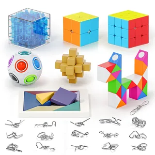 Vdealen Denkaufgabe Metalldraht Puzzle Set Tangram Puzzles Spiel 2x2 3x3 Zauberwürfel Puzzle Spielzeugset 3D Labyrinth Box Snake Cube Rainbow Ball für Kinder und Erwachsene Lernspiele 23er Pack