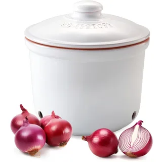 Römertopf Zwiebeltopf MAXI aus Naturton, weiß, Ø 20 cm, belüfteter Keramik-Vorratstopf mit 3 Lüftungslöchern, spülmaschinengeeignet, feuchtigkeitsregulierend, zur Aufbewahrung von Zwiebeln & Gemüse