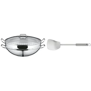 WMF Macao Wok-Set Induktion 4-teilig, Wok-Pfanne 36 cm mit Glasdeckel, Ablagegitter, Dämpfereinsatz Cromargan Edelstahl poliert, unbeschichtet & Profi Plus Wok-Wender 36,2 cm, Pfannenwender