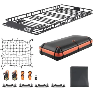 Vevor Dachgepäckträgerkorb Autodachkorb (2120 x 990 x 105 mm) universeller Dachgepäckträger mit Gepäcktasche & Netz & Ratschengurten (113,4 kg Max Tragkraft), Autodach-Gepäckträger für SUV Lkw