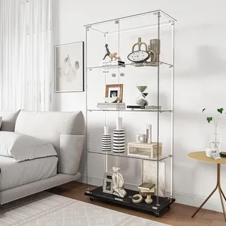 Glasvitrine Standvitrine mit Rollen ,2 Türen Abnehmbar Glasvitrine LED Beleuchtung und Glastüren,4 Ablagen, Glas Vitrine Sammlervitrine Vitrinenschrank,Display Cabinet