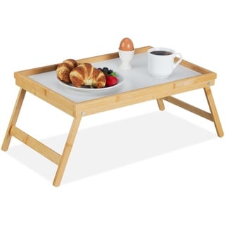 Relaxdays Betttablett Bambus, faltbar, Serviertablett für Frühstück im Bett mit klappbaren Beinen als Tabletttisch und Sofatisch Beistelltisch mit Tablett aus Kunststoff, natur, 10013869, Braun, Bett Tablett Weiß-Bambus