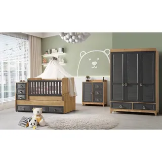 JV Möbel Stilvoll Kinderzimmermöbel Kinderzimmer, Kinderbett Grau Holz Set 4tlg