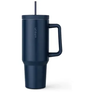 Vinsun Thermobecher Edelstahl Tumbler 1200ml 40oz - Isolierbecher mit Strohhalm und Henkel, 5-tlg., Edelstahl, Doppelwandig isoliert, BPA frei, bruchfest, Kalt- und Heißgetränke blau