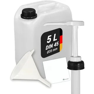 Trevendo Kanister Set - Wasserkanister (5 Liter, DIN 45, Ø35mm) - lebensmittelecht & BPA-frei - inkl. Deckel, Dosierpumpe, Trichter & Beschriftungsetikett