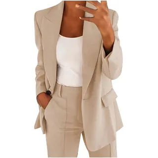 Jmwedia Damen Hosenanzug, Elegant Langarm Einfarbig Mantel Jacke Revers Geschäft Büro Anzugjacke Lang Mit Tasche Sakko Anzug Business Longblazer Frühling Sommer Herbst Trenchcoat - L