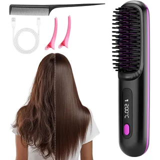 Kabellose Glättbürste mit LED-Anzeige Und 3 Temperatureinstellung, Mini Glättbürstes 160-200°C HaargläTter BüRste Kabellos, Mini Glättbürste, Anti-Verbrühung (Schwarz)