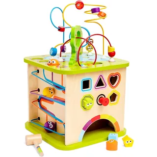 Hape Motorikwürfel „Kleine Tierchen“ - aus Holz, Multifunktions-Spielwürfel, Lernspielzeug aus Holz für Kleinkinder, fünfseitiges Busy Board, Montessori Spielzeug für Kinder ab 1 Jahr