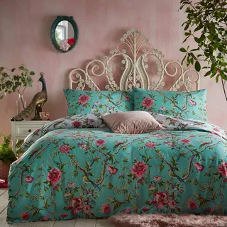 furn. Vintage Chinoiserie Bettbezug und Kissenbezug-Set, Polybaumwolle, Jade, Super King