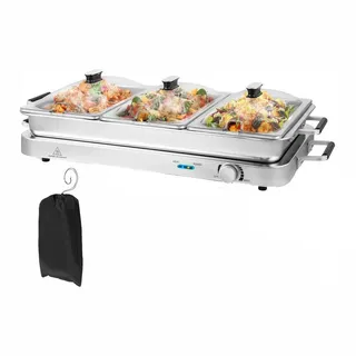 Goplus 2 in 1 Buffetwärmer & Warmhaltebehälter, 450W elektrische Warmhalteplatte mit Deckeln, 8 L Buffet Wärmer mit Temperaturregler von 50°C bis 150°C, Edelstahl Speisenwärmer für Catering, - Silber