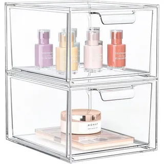 Refined Living Organizer 2er/4er/6er Set Stapelbare Acryl Make-up Organizer mit Ausziehgriffen (Acryl Aufbewahrungsschubladen, Kosmetik Organizer, Stapelbare Schubladenbox, Staubdichte Schubladen, Multifunktionale Aufbewahrung, Speisekammer,Transparentes Design, 2 St., BPA-freiem, Platzsparend, robustem, wasserdicht und staubdicht), für Schminktisch, Speisekammer, Schreibtisch, Unterschrank, Küche, Bad weiß