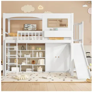 Merax Hochbett (1-St., Kiefer Kinderbett Kinderhaus mit Fallschutzgitter & Fenster) Etagenbett 90x200cm mit Kleiderschrank Ablagefächer Rutsche Leiter weiß