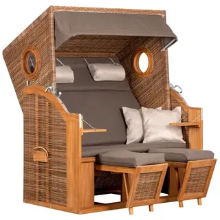 Exclusiver Strandkorb Holz Teak mit  2 Bullaugen und 2 Klapptische 2 Kissen