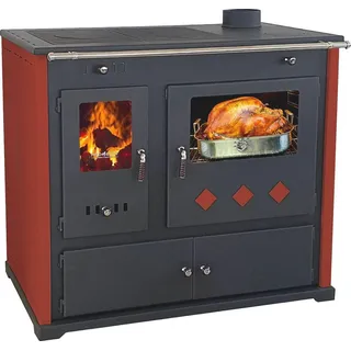 Prometey EEK A+ Kaminofen mit Backfach und Herdplatte Pracktik Lux Rot Holzofen 9,5 kW Kamin Ofen Dauerbrandofen Werkstattofen Schwedenofen Hüttenofen Heizofen
