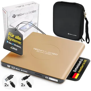techPulse120 Externes USB 3.1 USB-C UHD 4k 3D M-DISC Blu-ray DVD CD HDR10 128GB Laufwerk Brenner Burner Signature Paket Tasche 90cm Anschlusskabel Aluminium (Gold)