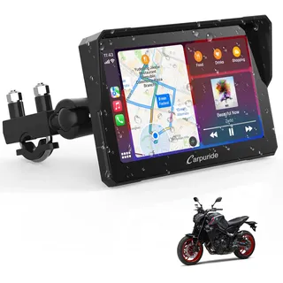 Carpuride W702 Motorrad GPS Carplay Bildschirm, Kabelloses CarPlay und Android Auto, Tragbarer 7 Zoll Wasserdichter Touchscreen, Bluetooth Trans, Navigation, Siri.