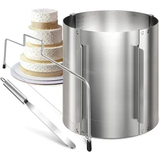 Menz Tortenring verstellbar hoch 20 cm + Tortenschneider + Streichpalette - 3-teiliges SET Edelstahl Torten-Zubehör, hochwertiges Backzubehör für professionelle Torten-Zubereitung