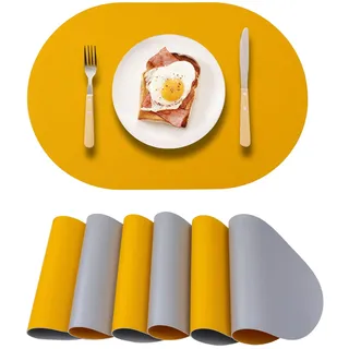 Ovale Tischsets aus Kunstleder, abwischbar, wendbar, Gelb und Silber, PU-Tischsets, hitzebeständig, rutschfest, wasserdicht, Platzset für Innen- und Außenbereich, 6 Stück