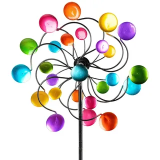 Formano Windrad Garten Metall bunt 126 cm kugelgelagertes Windspiel mit Doppelrad, Stabiler 3-teiliger Erdspieß, wetterfeste Gartendeko mit starkem Farbeffekt