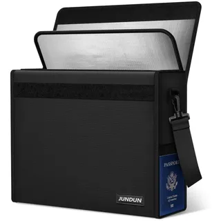JUNDUN Feuerfeste dokumentenbox mit Schloss(43x30x12,7cm), 6-lagige Wärmedämmung Feuerfeste Dokumententasche mit Netzfassche, Aktenkoffer für Laptops, Reisepass,Geld und Wichtige Unterlagen