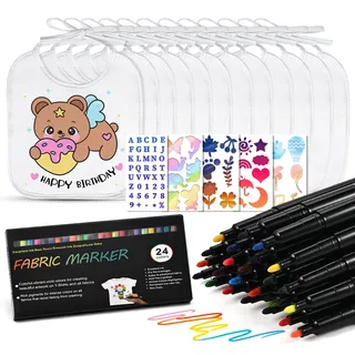 Faburo Baby Lätzchen zum Bemalen, 12 Stück doppelseitige Baumwoll-Lätzchen mit 24 Bunten Textilstiften 5 Malschablonen, 20 * 24cm Weißes Lätzchen für Babyparty Spiele