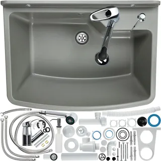 GOSPO Ausgussbecken mit ausziehbare Armatur, Waschbecken 61 x 44 x 23,5 cm, Waschtrog mit Seifenspender, Siphon, Spülbecken inkl. Zubehör, Waschraum, Industrie Waschtisch (grau)