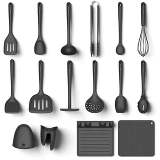 Hoffmann Küchenhelfer-Set, Anthrazit, Silikon-Edelstahlkern, Spülmaschinenfest, Hitzebeständig, Antihaft, Küchenutensilien-Set, Vorteilsset (16-teilig)